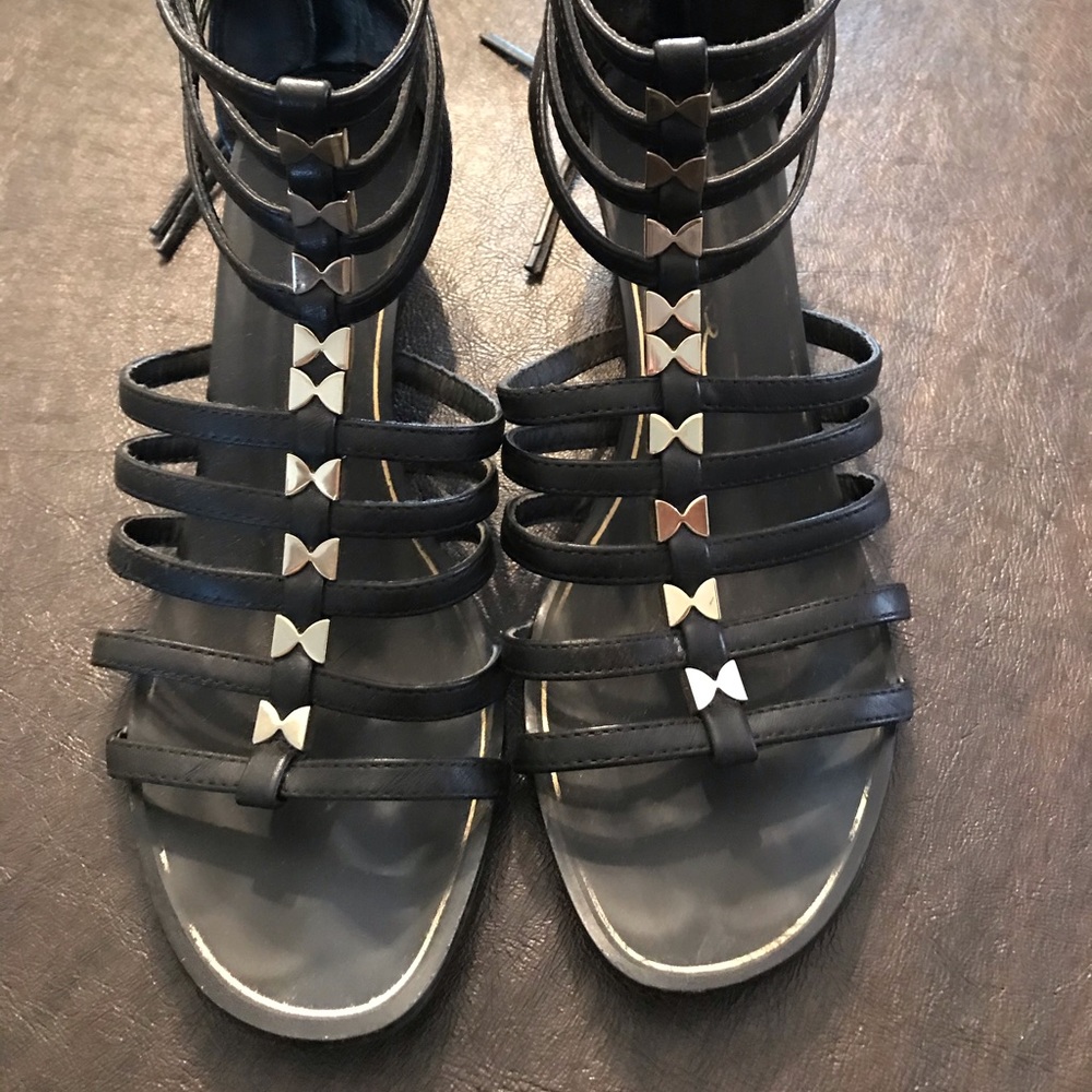 Black Leather Gladiator Wedge Sandals